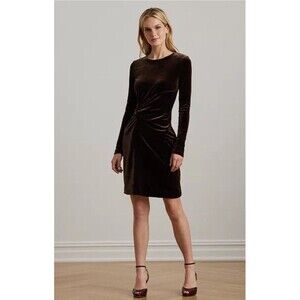 Lauren Ralph‎ Lauren Women's 16 Twist-Front Velvet Long-Sleeve Dress Brown Soft